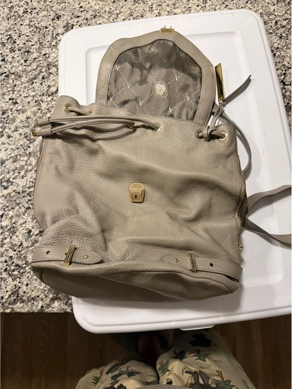 Vince Camuto Gray Pebbled Leather Drawstring Backpack Gold Hardware
